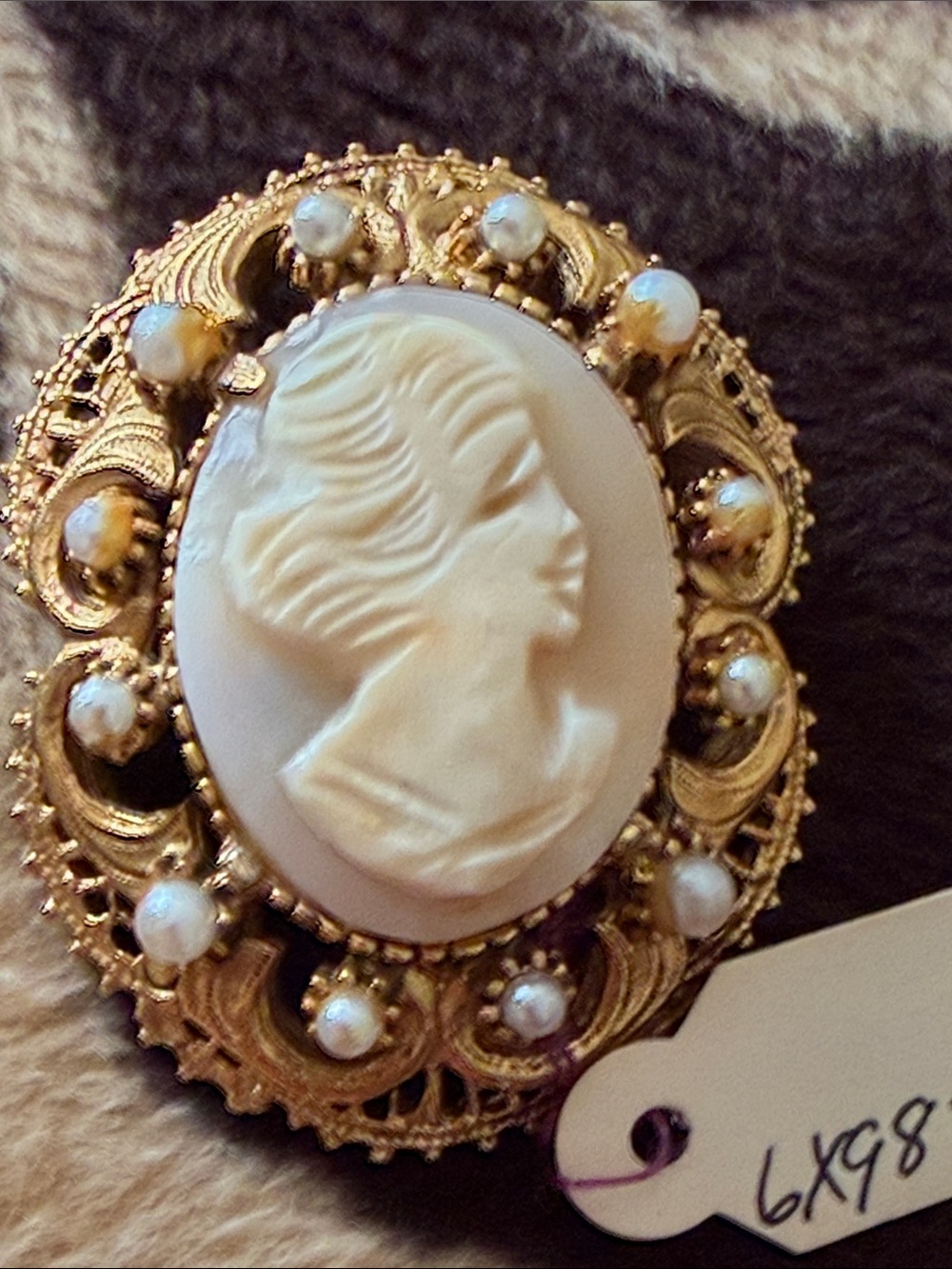 Vintage Stamped Florenza Gold Tone and Faux Pearl Carved Cameo Pendant